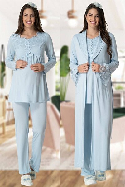 Mecit 5416 طقم بيجامة للحوامل مع ثوب صباحي طويل أزرق