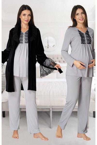 Effortt Lohusadunyasi Black Velvet Dressing Gown Maternity Gray Pajama Set 8088