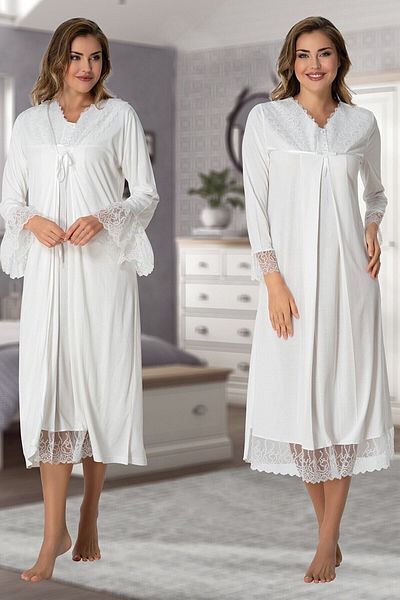 Effortt Powder Pink Guipure Maternity Nightgown Set with Dressing Gown 7045