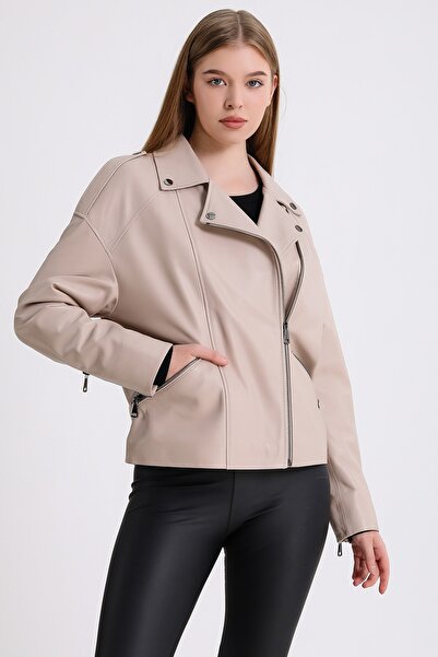Leather Club Bej Oversize Deri Ceket
