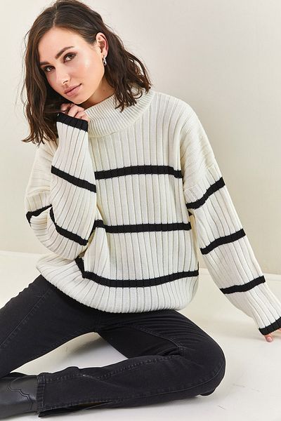 Bianco Lucci Women's Half Turtleneck Striped Sweater