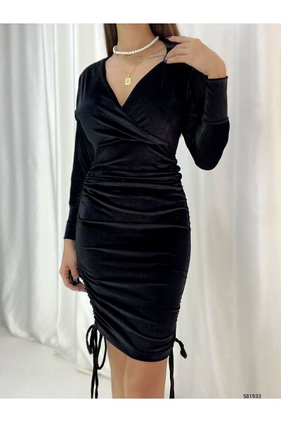 rengamoda Rochie de mireasa de absolvire de dama cu guler dublu din catifea adunata