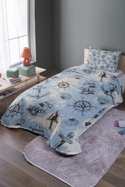 EVPANYA Set cuvertură de pat și piqué de o persoană cu model Blue Sailor