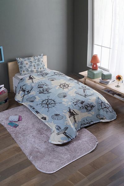 EVPANYA Set cuvertură de pat și piqué de o persoană cu model Blue Sailor