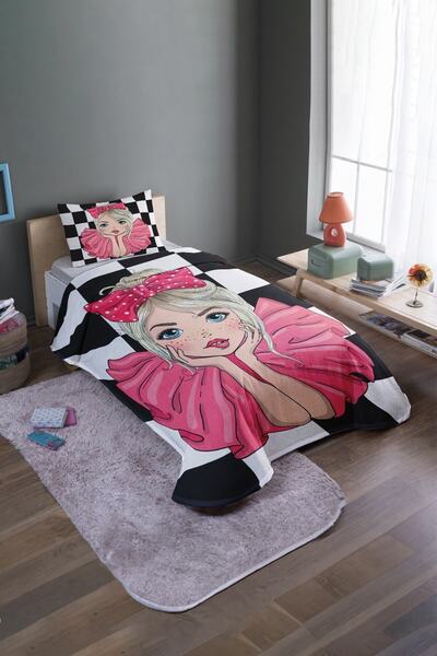 EVPANYA Modacı Kız Desenli Tek Kişilik Yatak Örtüsü Ve Pike Takımı