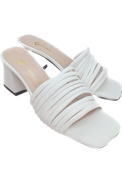 halkmar Women's White Striped Heeled Slippers