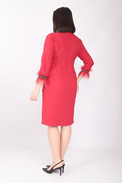 etselements X Modapo Women's Solid Color Crew Neck Sleeve Feather Midi Plus Size Dress