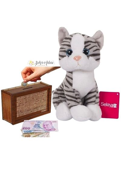 Şeker Adası Cute Cat 25 Cm Plush Toy And Wooden Purpose Piggy Bank Money Accumulation Box