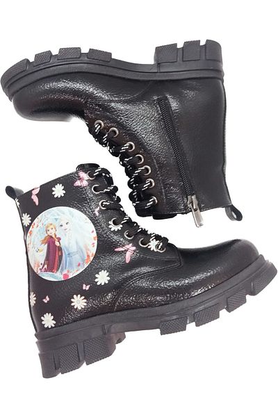 İpek Girl's Black Elsa Printed Zippered Light Sole Boots