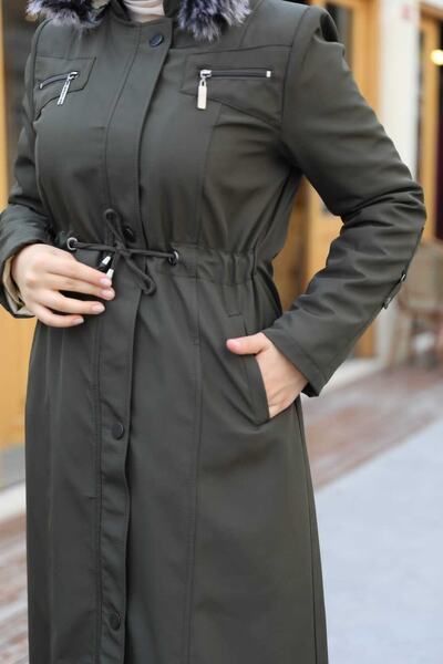 KMKkombin Oversized Plus Size Women's Overcoat & Coat, Fastened at the Waist, with Snap Fasteners and Zipper Detail, and Fully Fur Inside