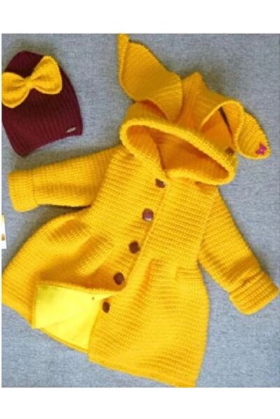 OYUNCAKPARK Örgü Içi Polarlı Sarı Tavşan Modeli Kız Bebek Hırka Ve Şapkası