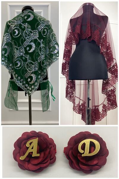 ZEYMERADE Bordo Kına Duvağı. Gelin Duvak Seti, El Gülü, Damat Omuz Örtüsü, 9 ...