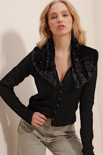 Trend Alaçatı Stili Cardigan crop pentru femei, cu guler negru, cu detaliu, tricotaje ajurate ALC-X9539