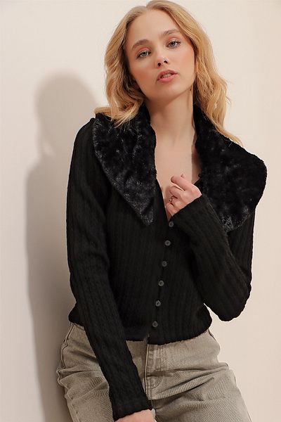 Trend Alaçatı Stili Cardigan crop pentru femei, cu guler negru, cu detaliu, tricotaje ajurate ALC-X9539