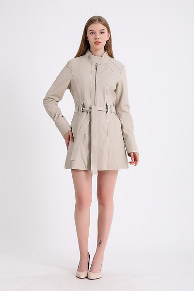 Leather Club Cream Belt Detailed Leather Coat