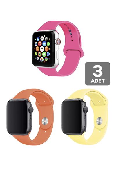 mimtec Apple Watch 4 5 6 7 8 9 10 Se 38 40 41mm Kordon Kayış 3 Adet Set Bileklik Klasik Kaliteli Silikon