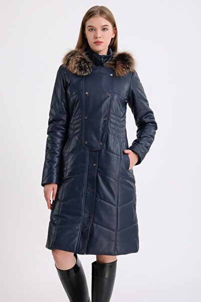 Leather Club Lacivert Fox Kürk Aksesuarlı Deri Kaban