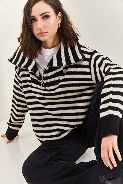 Bianco Lucci Dámský rolák na zip s pruhovaným oversize pleteným svetrem