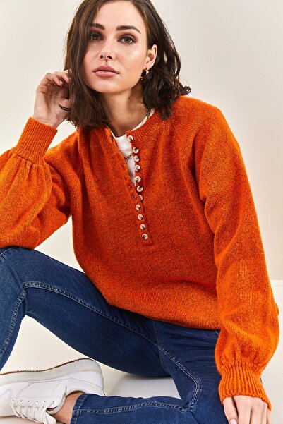 Bianco Lucci Pulover de damă cu gât tricotat cu butoniere