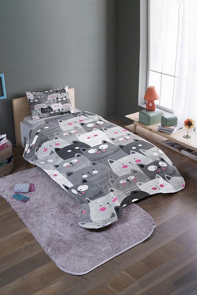 EVPANYA Σετ μονό κάλυμμα κρεβατιού με σχέδια Grey Cats