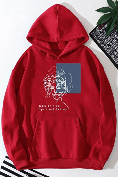 Trend Sizde Hanorac cu glugă cu imprimeu unisex, roșu Dare Face Face față