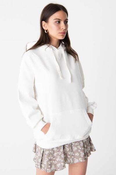 SILATU Beyaz Kanguru Cep Kapusonlu Sweat