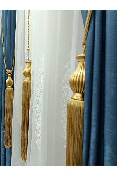 TİEBACK Fon Perde Tavan Bağlama Kuka Braçol Perde Seti Hardal Sarısı