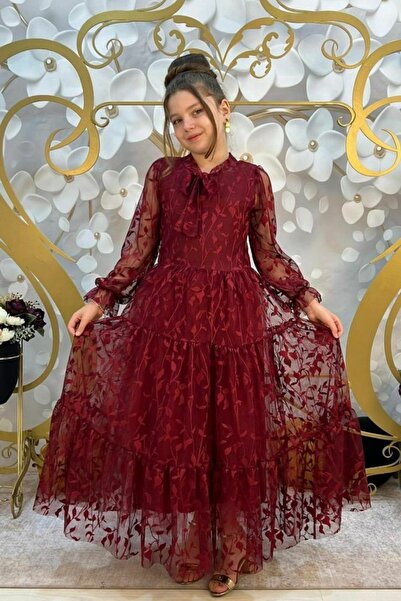 Tarz Çocuk Dantel Yaprak Kız Çocuk Uzun Abiye Elbise 11 - 14 Yaş