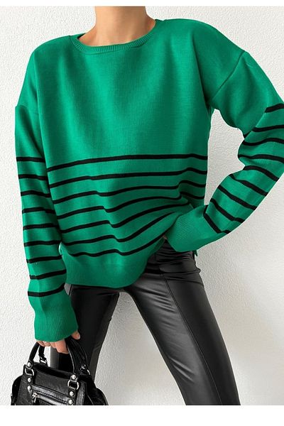 lovebox Women's Line Detail Crew Neck Long Sleeve Green Knitwear Women's Sweater 0242