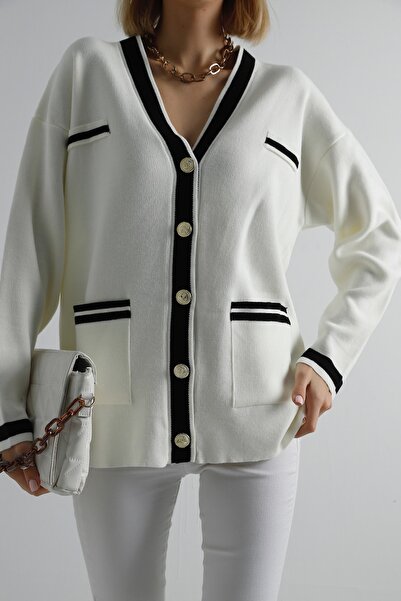 winter club Μπεζ χρυσή κορδέλα Λεπτομερής Oversize Πλεκτή Ζακέτα