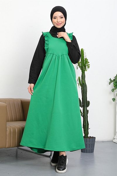 Bestenur Melin Frill Detailed Double Pocket Hijab Gilet 409 - Green