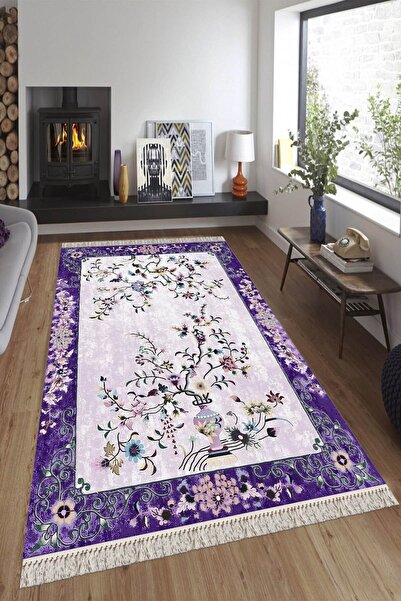 blcmoda 1218 Mor Çiçek Desen Kaymaz Ince Dot Taban Halı Kilim