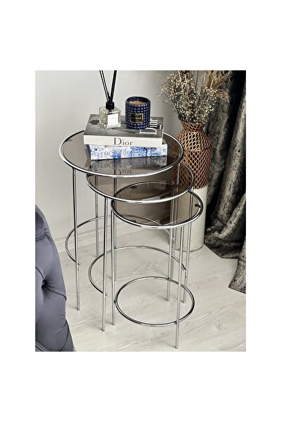 Dündarlar Meri Yuvarlak 3'lü Zigon Yan Sehpa Siyah Cam Krom