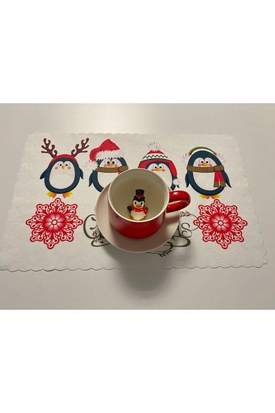 KÜPPELİ ACCESSORİES New Year's Themed - 6 Pieces American Service Washable Fabric Runner, Penguin Themed