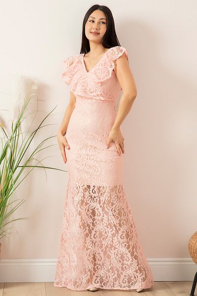 PULLIMM Rochie de seară lungă din dantelă cu volan cu decolteu 13232