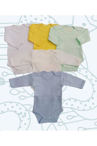 Uzun Kollu Çıtçıtlı Badi Bisiklet Yaka Body Hava Alır Kumaş Düz Renk Zıbın (5li Paket) 0-48 Ay Arası