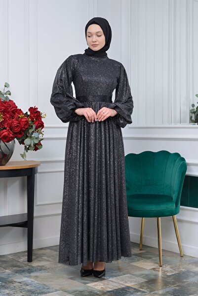 poplinmoda Simli Beli Kuşaklı Balon Kol Tesettür Abiye-rüya