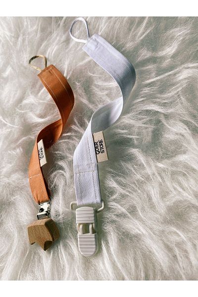GOER STORE Set of 2 Natural Wooden 100% Cotton Baby Pacifier Straps with Crown Detail