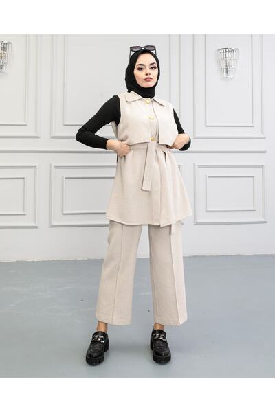 Milenastyle Bej Tüvit Yelekli Ikili Takım Kombin