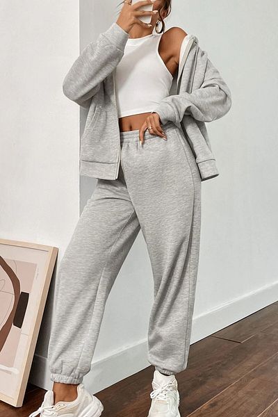 MODAGEN Graues Cardigan-Unterteil-Top-Trainingsanzug-Set für Damen