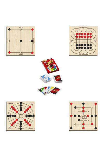 Ahtek Wooden Intelligence and Strategy Game Set 5 Pieces, 3 Stones + 9 Stones + Bihar + Surakarta and Uno Game Cards