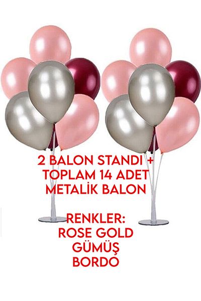 Parti dolabı 2 τεμάχια 7 τεμαχίων με μπαλόνι και 14 τεμάχια ροζ χρυσό - ασημί - μπορντό μεταλλικό σετ μπαλονιών