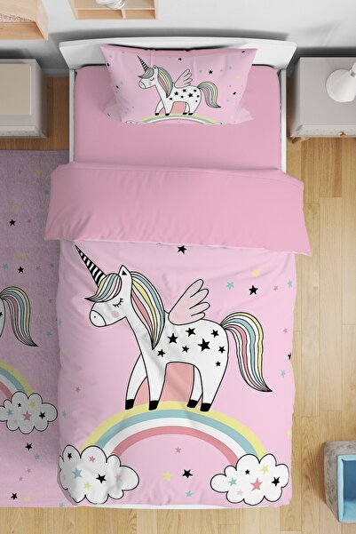 EVPANYA Gökkuşaklı Unicorn Desenli Tek Kişilik Bebek Çocuk Nevresim Takımı