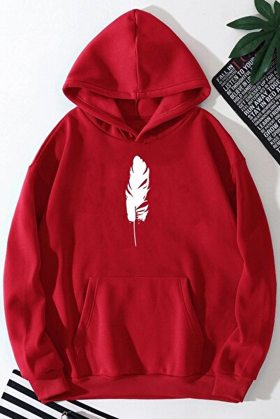 Trend Sizde Hanorac cu glugă cu imprimeu cu pene roșii