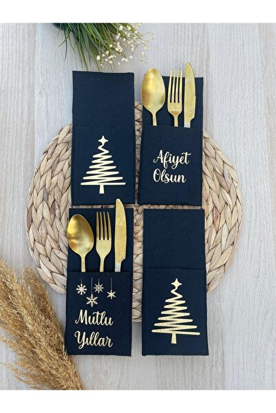 Lafarge Yılbaşı Sofrası | Dekoratif Keçe Kaşıklık-bıçaklık-çatallık | Siyah 4'lü Set
