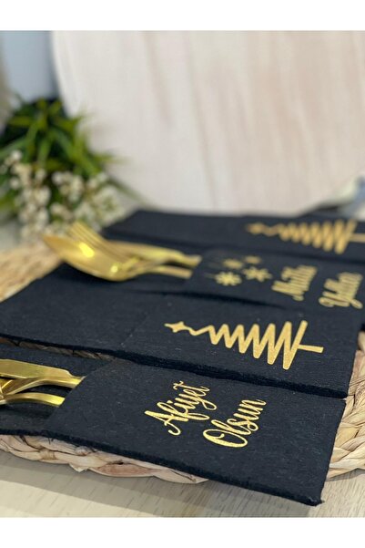 Lafarge Yılbaşı Sofrası | Dekoratif Keçe Kaşıklık-bıçaklık-çatallık | Siyah 4'lü Set