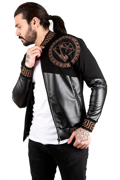 DeepSEA Men's Black Jewelled Diamond Patterned Ribbed Faux Leather Coat with Neck and Skirt2300403