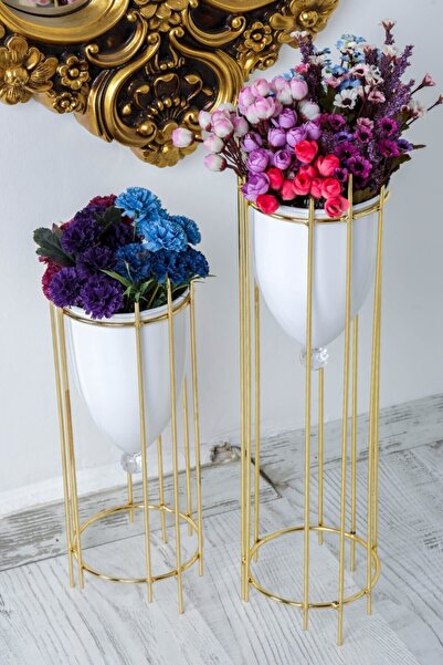 Tasarım Evi Altın Renkli 2'li Büyük Ayaklı Vazo Çiçeklik
