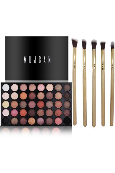 MUJGAN 2'li Makyaj Takımı 40'lı Sedefli - Mat Far Paleti + 5'li Ahşap Fırça S...