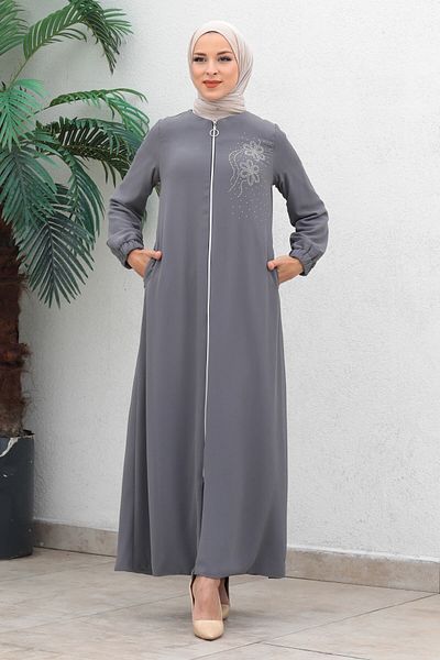 Modamihram Chiffon-Abendkleid mit Reißverschluss, Abaya, Anthrazit, 17300